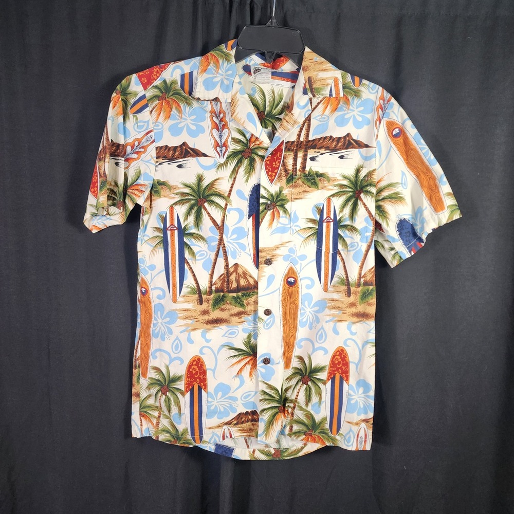 Aloha Republic Mens Small Hawaiian Shirt Surfboard Palm Tree Cotton Made in USA‎